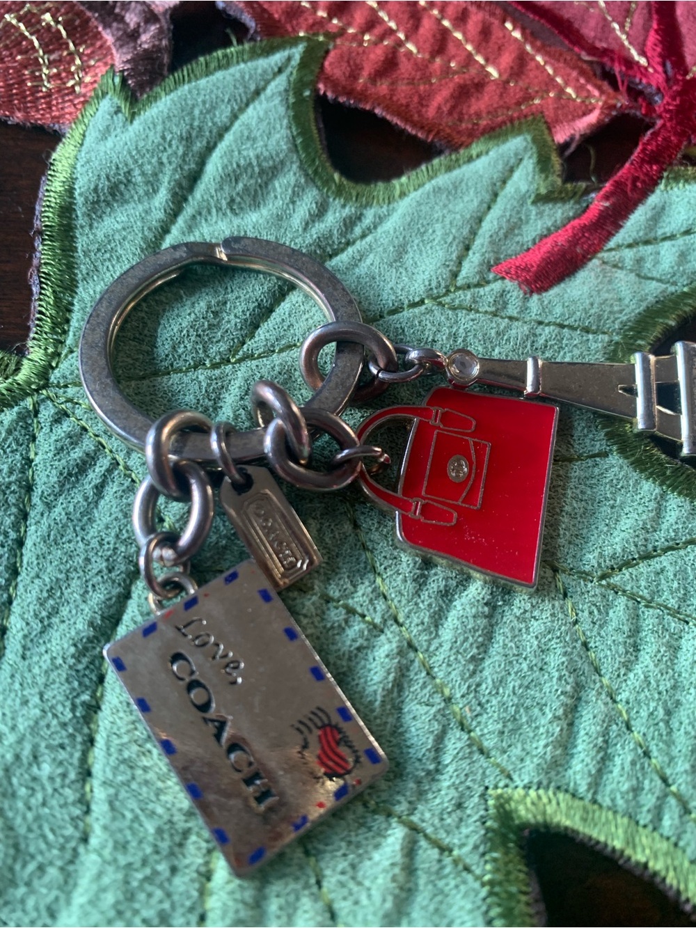 COACH Red Enamel Handbag Charm Keychain with Silver Logo Tags